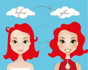 漂亮的红发女人之前和之后的构成