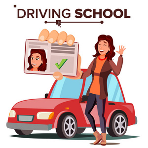 在驾驶学校媒介的妇女。培训车成功的及格考试。驾照。孤立平面插图