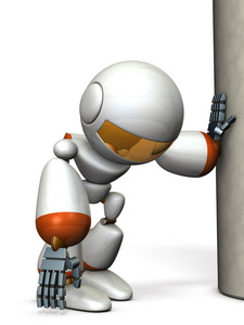 吊在柱子上的机器人。他累坏了。3d 插图