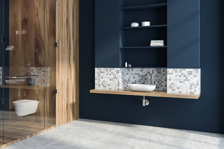 深蓝色和马赛克豪华浴室角落与混凝土地板, 一个木制的容器水槽和厕所。3d 渲染模拟