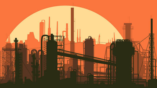 水平程式化插图工业部分城市与工厂在日落