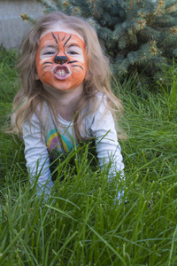 一个小女孩的肖像与虎水妆。孩子自称是老虎