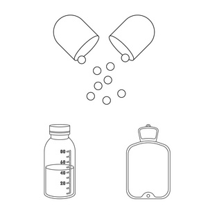 药物和治疗大纲图标集合中的设计。药品和设备矢量符号库存 web 插图