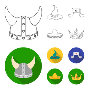 草帽, 帽子与耳朵襟翼, 维京人的头盔。帽子集合图标的轮廓, 平面风格矢量符号股票插画网站