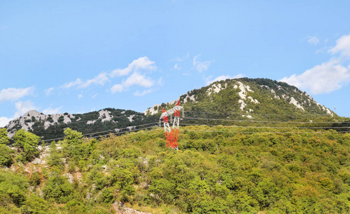 高压电力输电塔和输电线路电力行业和基础设施蓝天和云层背景的电力分布