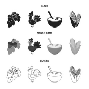 橡子玉米 arthene 酱, 节日火鸡, 加拿大感恩节集合图标黑色, 单色, 轮廓样式矢量符号股票插画网站