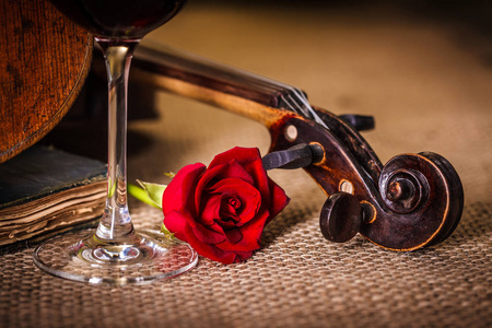 小提琴卷轴与红玫瑰紧密结合