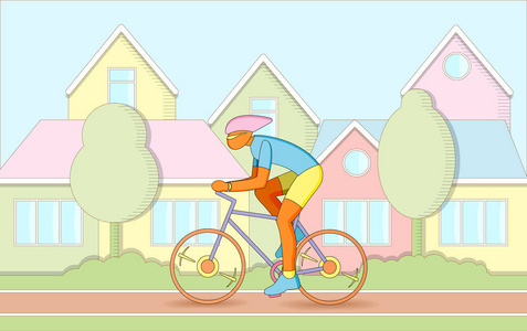 骑自行车的人骑车去城市大街。暑假, 爱好, 消遣。矢量插图