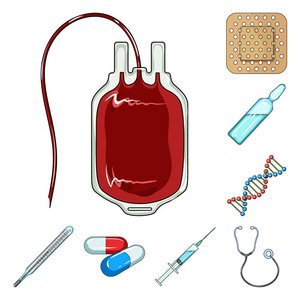 药物和治疗卡通图标集合中的设计。药品和设备矢量符号库存 web 插图