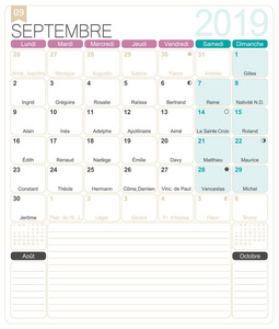 法国日历 20192019年9月, 法文可打印月历模板, 包括名称天, 农历阶段和官方假期