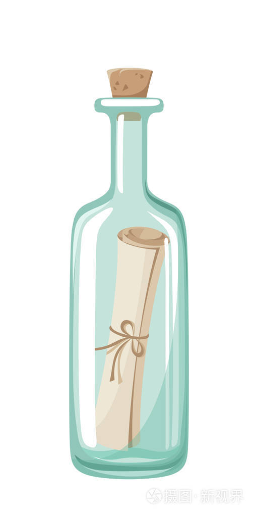 在白色背景上隔离的蓝色玻璃瓶中消息的矢量插图