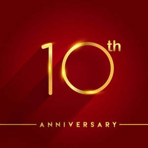 10金黄周年纪念庆祝标志在红色背景, 向量例证