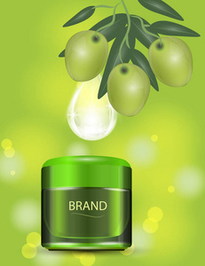 豪华化妆品奶油罐在散景背景与绿色橄榄和胶原蛋白血清滴。矢量插图