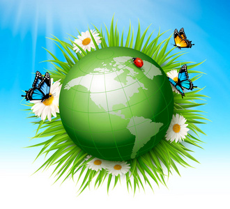 生态学的概念.绿色地球和草与花.矢量图照片