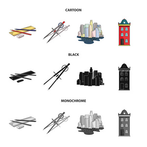 绘图配件, 大都会, 房子模型。建筑集合图标在卡通, 黑色, 单色风格矢量符号股票插画网站