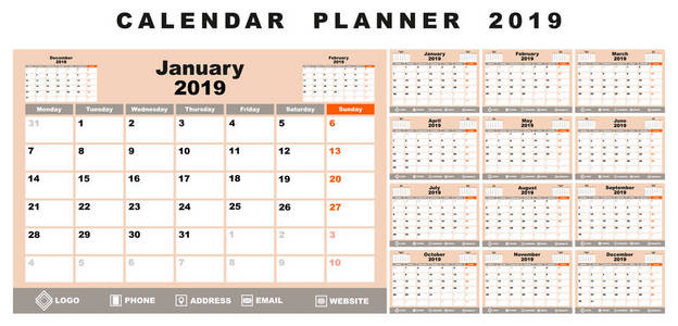 日历规划器2019。白色, 米色, 灰色, 黑色和橙色背景
