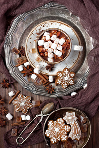 杯奶油热巧克力融化棉花糖与姜饼为圣诞假期