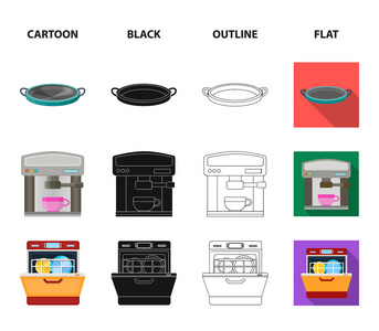 厨房设备卡通, 黑色, 轮廓, 平面图标集集合为设计。厨房和配件矢量符号股票 web 插图