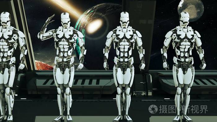 机器人士兵在宇宙飞船上向宇宙和行星的背景致敬.