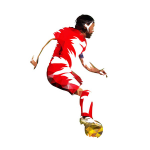 足球运动员在红色球衣与球, 低保利向量例证。欧洲足球运动员与球赛跑。侧面视图