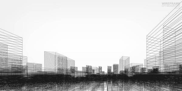 透视3d 渲染的建筑线框。矢量线框城市建筑背景