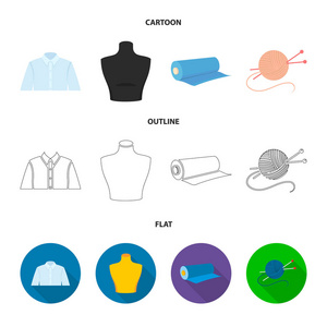 一件男式衬衣一个模特儿一卷布料一根线球和针织针。画室集合图标在卡通, 轮廓, 平面风格矢量符号股票插画网站