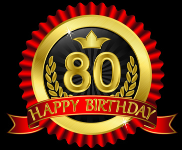 生日彩带80 年生日快乐金色标签与彩带,矢量图照片