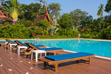 在一个热带花园豪华游泳池
