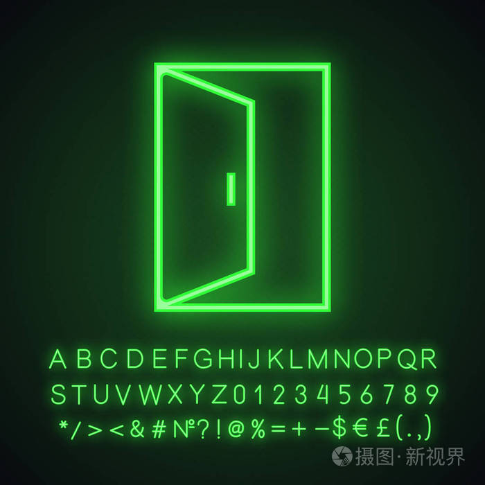 门霓虹灯图标。出口, 入口带有字母数字和符号的发光符号。矢量隔离插图