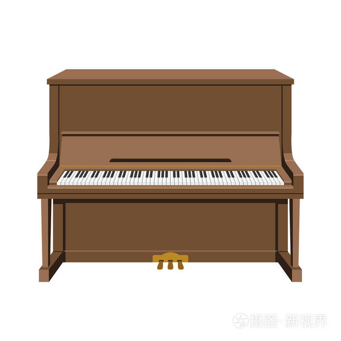 基于白色背景的卡通风格直立式钢琴的矢量图解