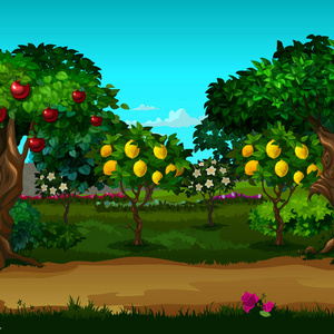 有成熟水果的花园。矢量卡通特写插图