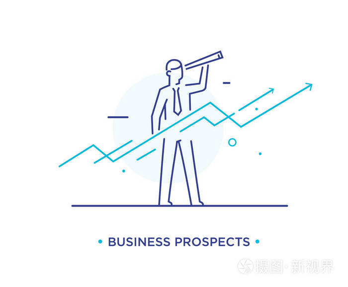 商人用望远镜展望未来.增长图表.成功, 成长率.线条图标插图