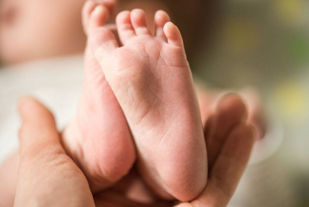 婴儿脚在母亲的手。妈妈和她的孩子。幸福的家庭观念。新生儿, 腿特写, 脚跟和手指