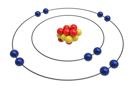 质子中子和电子氖原子的玻尔模型。科学与化学概念3d 插图