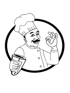 厨师字符卡通和好, 并与多纳面包和 dner 圆圈背景和横幅