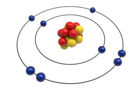 质子中子和电子氧原子的玻尔模型。科学与概念3d 插图