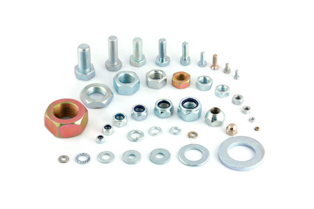 铁螺母钢制螺栓, 螺母和垫圈隔离在艾菲尔铁塔的白色背景上各不相同