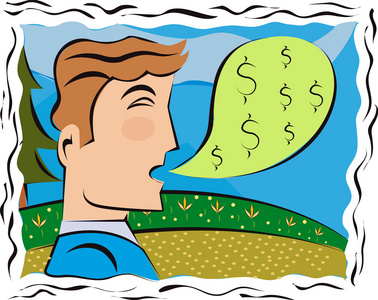 一个男人与一个语音泡沫充满美元符号