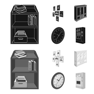 橱柜, 书架上的书籍和文件, 墙上的框架, 圆时钟。办公室内部集合图标黑色, 单色样式等距矢量符号股票插画网站