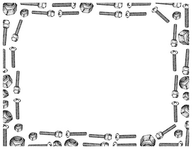 制造和工业, 插图手工绘制的机器螺丝, 六角螺栓和普遍扭矩锁螺母的草图框架。一种用于将材料固定在一起的紧固件类型