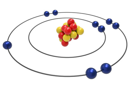 含质子中子和电子的氟原子玻尔模型。科学与化学概念3d 插图