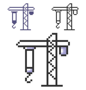 塔式起重机的像素图标在三个变形。完全可编辑