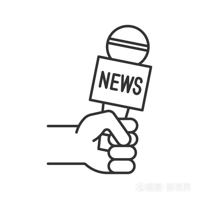 记者手持麦克风线性图标细线插图面试电视报道轮廓符号矢量隔离轮廓图