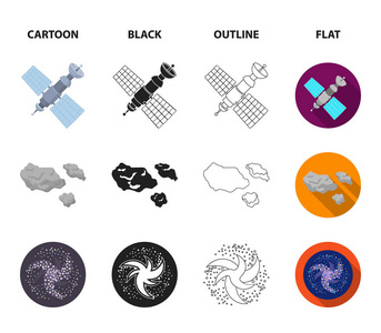 小行星, 汽车, 陨石, 太空船, 空间站与太阳能电池, 外星人的面孔。空间集合图标在卡通, 黑色, 轮廓, 平面风格矢量符号股