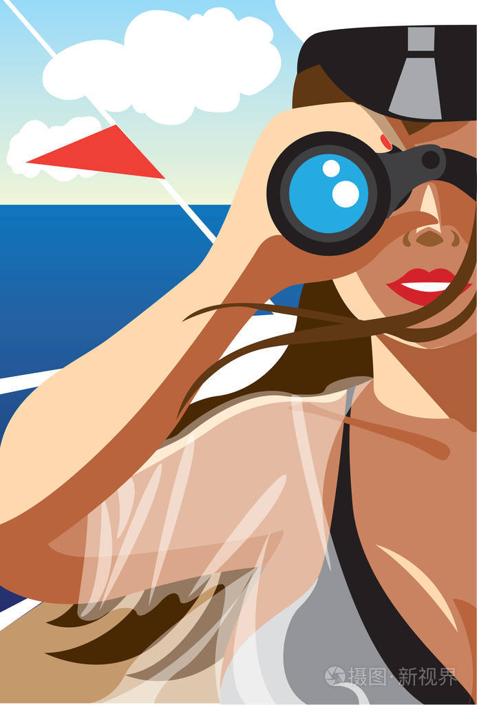 女人看通过双筒望远镜插画-正版商用图片04y2g2-摄图新视界