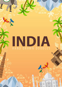 印度旅游横幅。印第安手画在背景上涂鸦。矢量插图