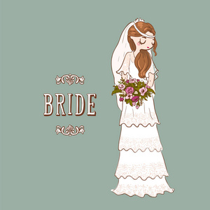 可爱的卡通新娘在白色婚纱礼服与花束的花朵。矢量插图