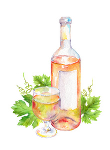 葡萄酒玻璃, 瓶与粉红色或白酒与藤叶。水彩
