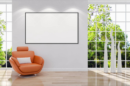 现代明亮的室内公寓与样机海报框架3d 渲染插图