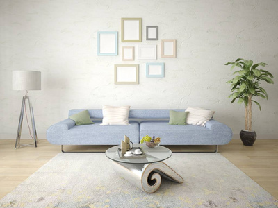 用时尚的沙发和时尚的浅色装饰石膏来模拟现代起居室
